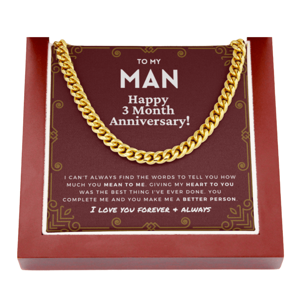 3 Month Anniversary Gift For Him | For Boyfriend, Partner, Men's Cuban Link Chain, Romantic Present From Girlfriend, To My Man, Three Mo.