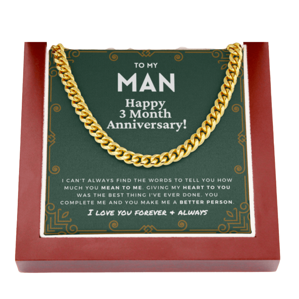 3 Month Anniversary Gift For Him | For Boyfriend, Partner, Men's Cuban Link Chain, Romantic Present From Girlfriend, My Man, Three Mo.