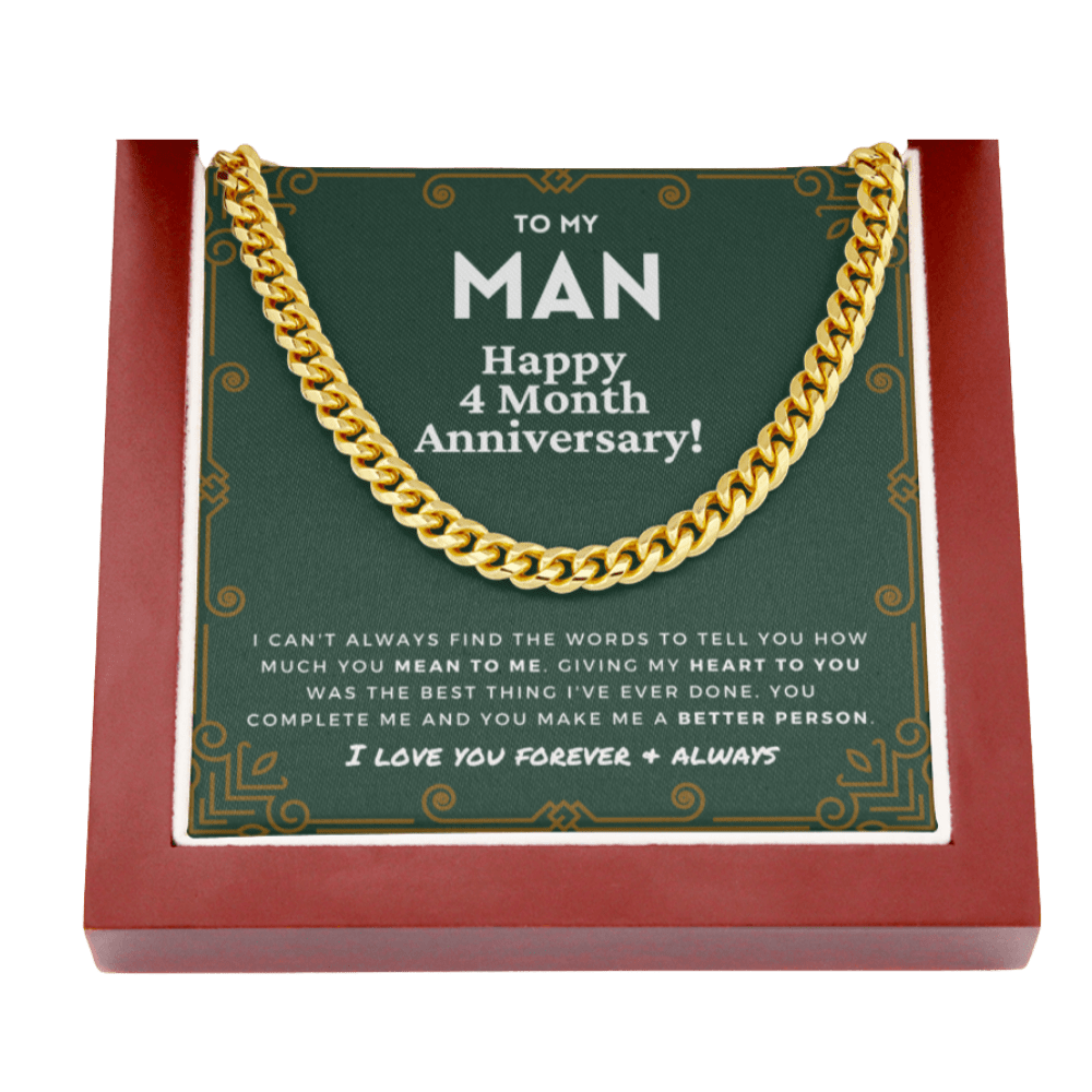 4 Month Anniversary Gift For Him | For Boyfriend, Partner, Men's Cuban Link Chain, Romantic Present From Girlfriend, To My Man, Four Mo.