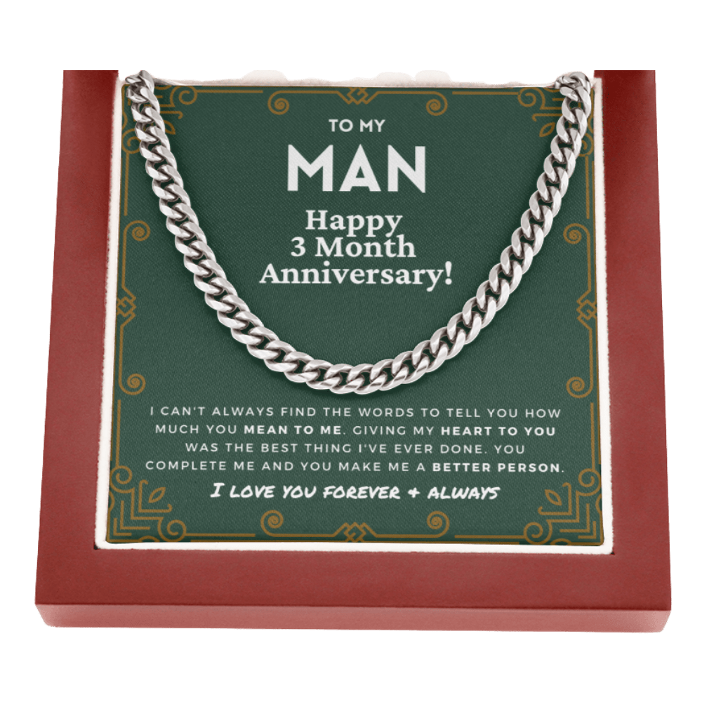 3 Month Anniversary Gift For Him | For Boyfriend, Partner, Men's Cuban Link Chain, Romantic Present From Girlfriend, My Man, Three Mo.