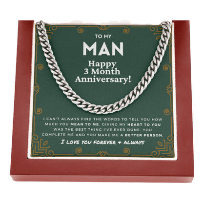 3 Month Anniversary Gift For Him | For Boyfriend, Partner, Men's Cuban Link Chain, Romantic Present From Girlfriend, My Man, Three Mo.