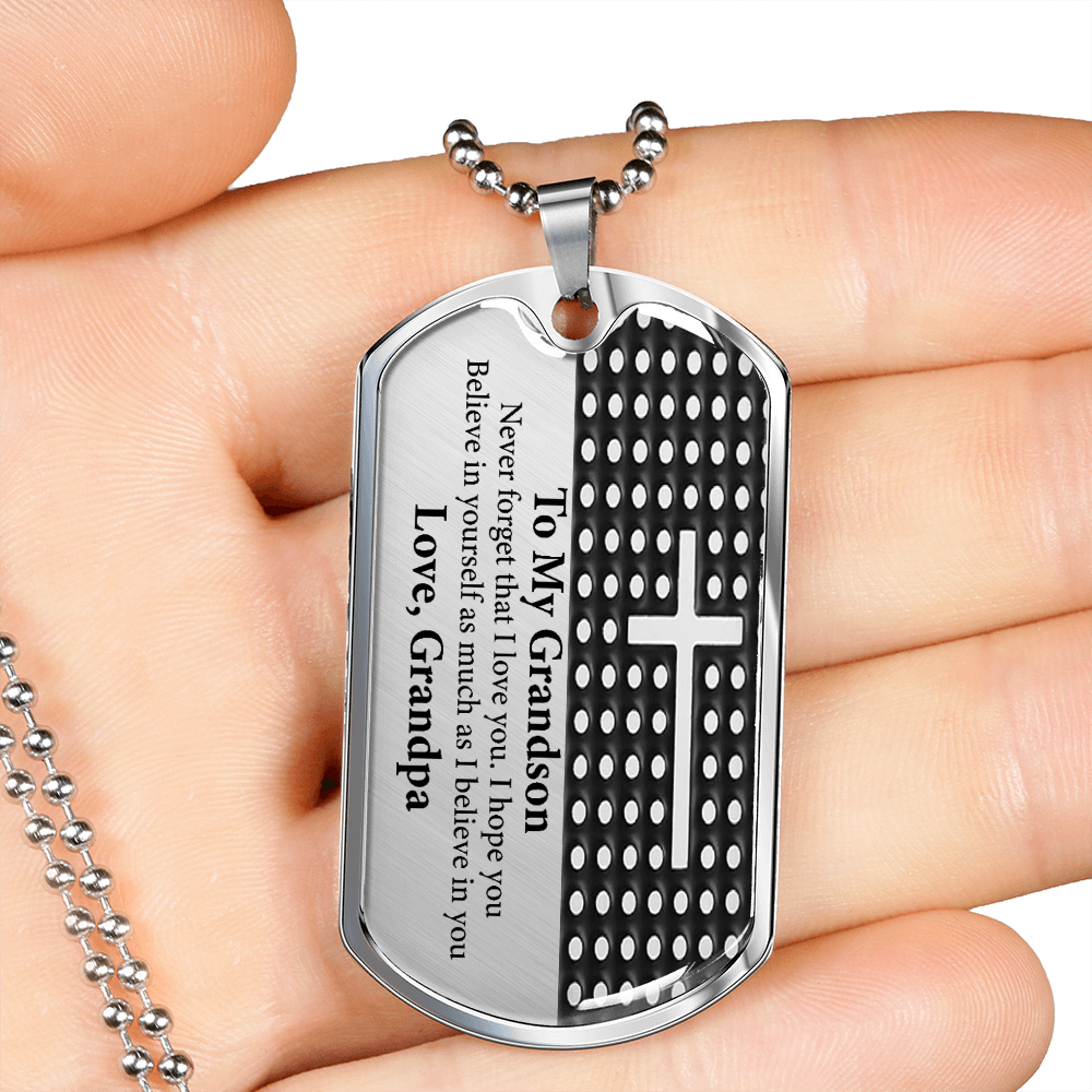 Grandson Gift | Never Forget that I Love You, Gift for Grandson from Grandpa, Dog Tag Military Chain Necklace, Birthday, Christmas for Him