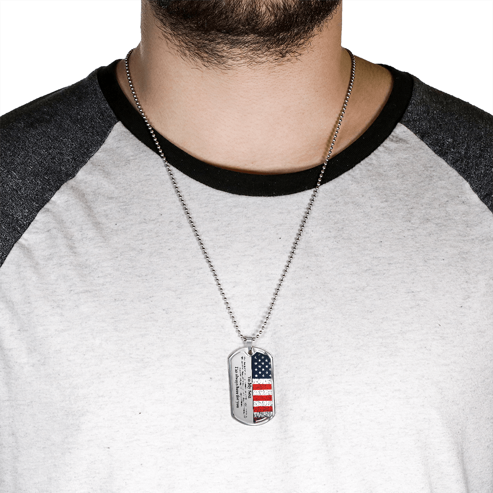Son Gift | I'm Always Here For You, Dog Tag Military Chain Necklace, Gift for Son from Mom & Dad, American Flag, Birthday, Christmas