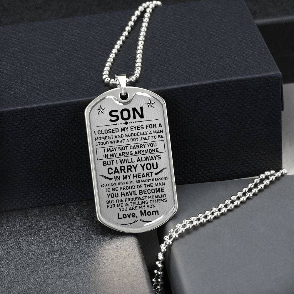 Son Gift (Love, Mom) | Carry You In My Heart, Gift for Son From Mom, Military Chain Dog Tag Necklace, Christmas Gift, Birthday Gift for Son