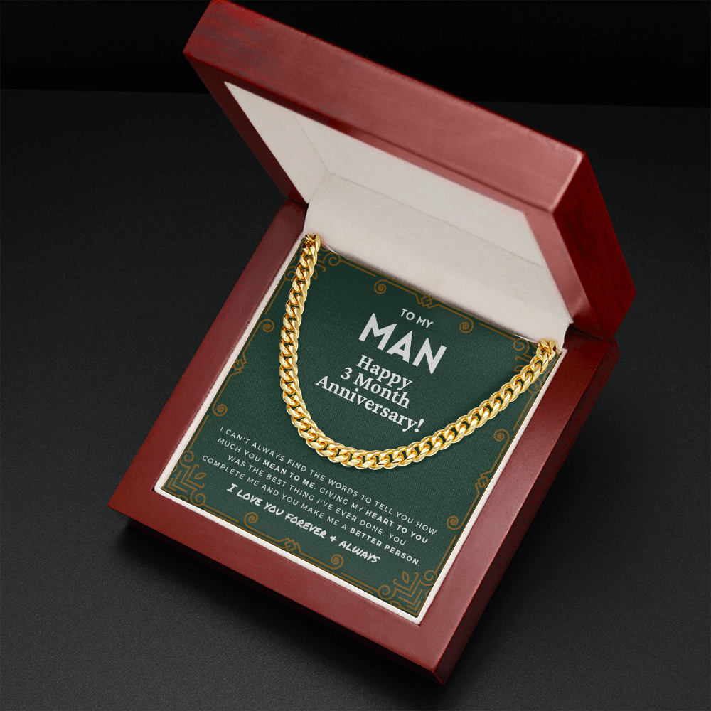 3 Month Anniversary Gift For Him | For Boyfriend, Partner, Men's Cuban Link Chain, Romantic Present From Girlfriend, My Man, Three Mo.