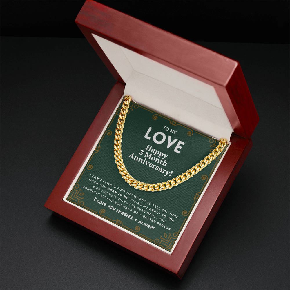 3 Month Anniversary Gift For Him | For Boyfriend, Partner, Men's Cuban Link Chain, Romantic Present From Girlfriend, My Love, Three Mo.