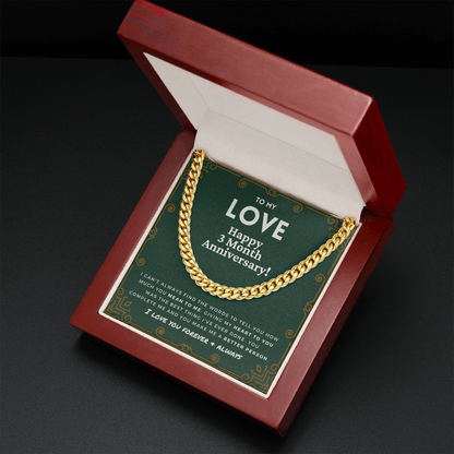 3 Month Anniversary Gift For Him | For Boyfriend, Partner, Men's Cuban Link Chain, Romantic Present From Girlfriend, My Love, Three Mo.