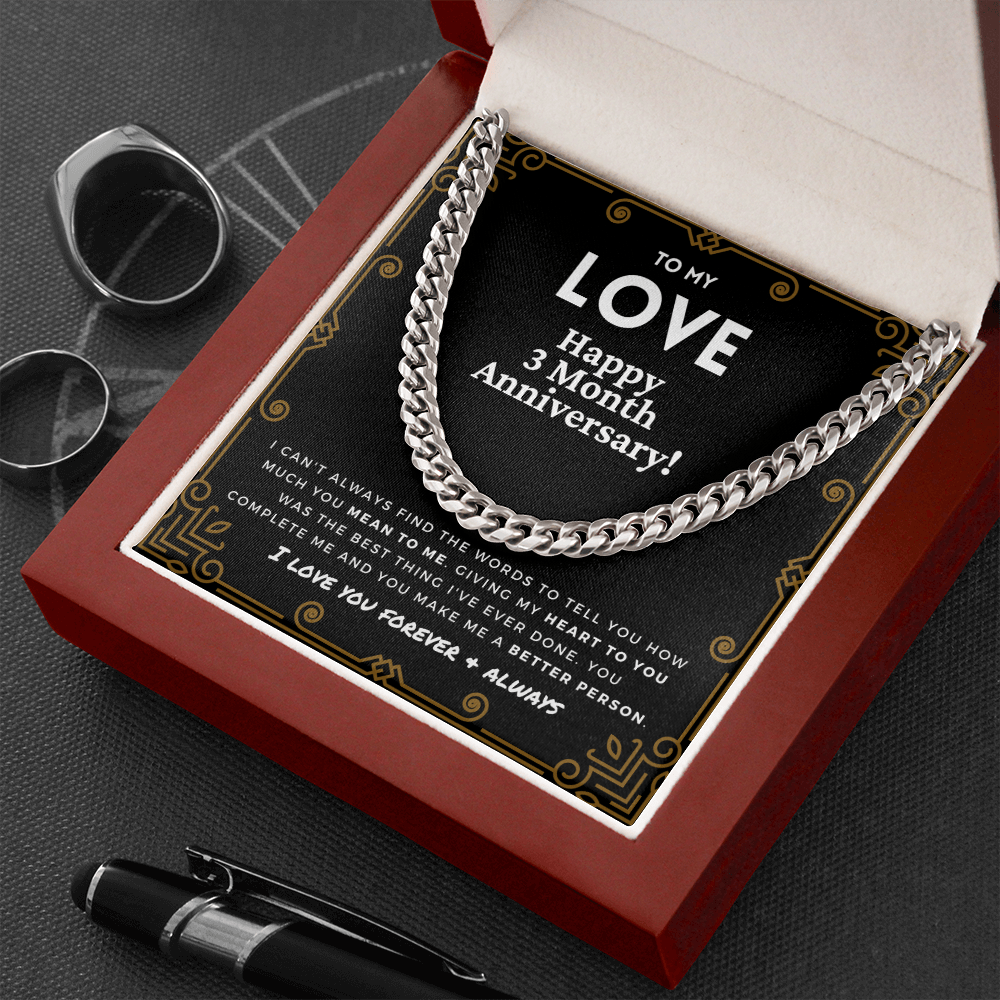 3 Month Anniversary Gift For Him | For Boyfriend, Partner, Men's Cuban Link Chain, Romantic Present From Girlfriend, To My Love, Three Mo.