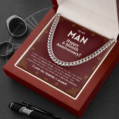 6 Month Anniversary Gift For Him | For Boyfriend, Partner, Men's Cuban Link Chain, Romantic Present From Girlfriend, My Man, Six Mo.