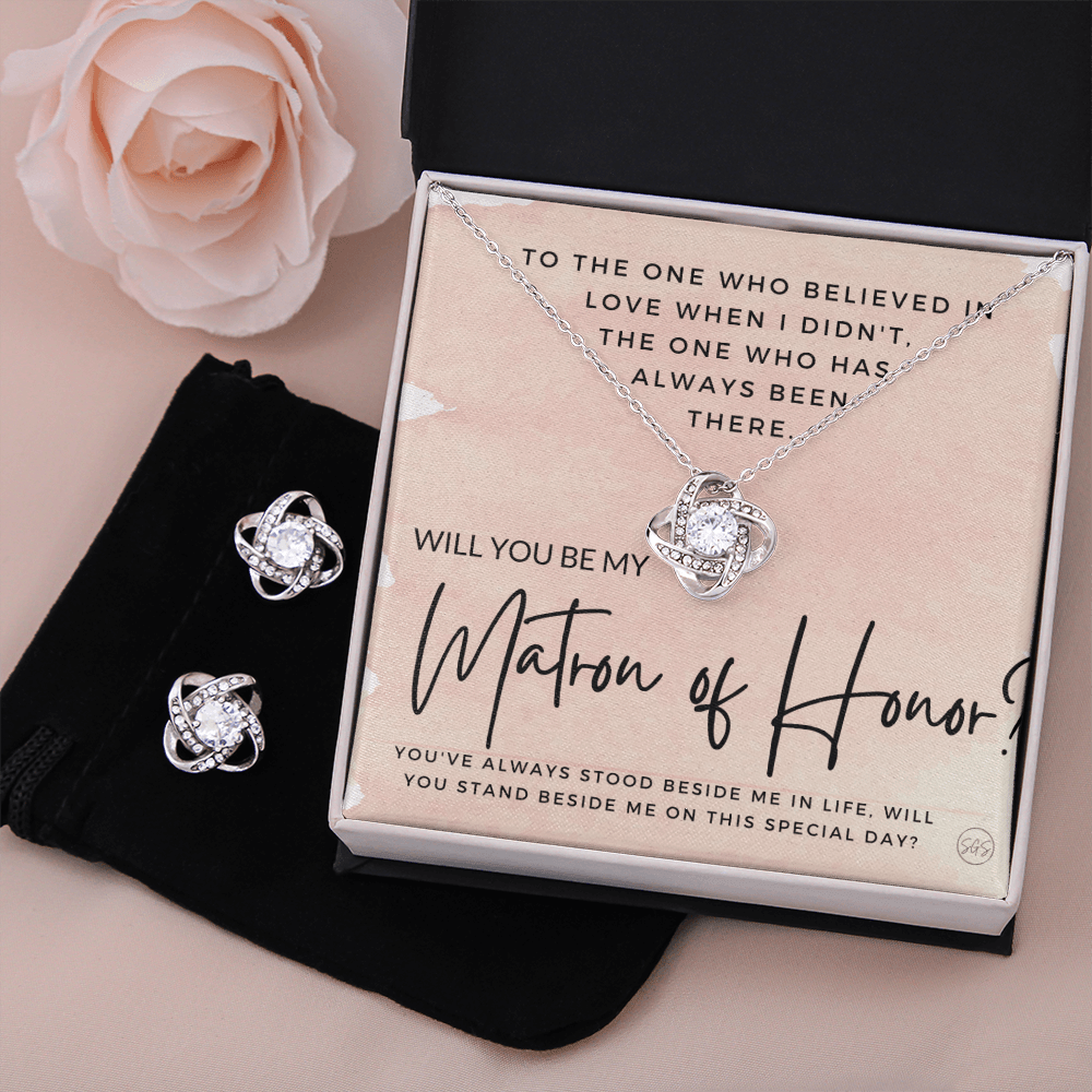 Matron of Honor Proposal Gift | Earring & Necklace Set, Will You Be My MOH? From the Bride, Tie the Knot, Can't Say I Do Without You MT2KE