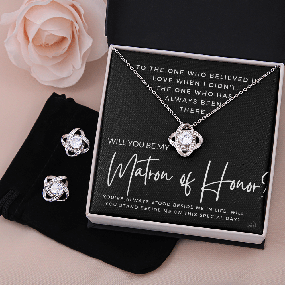 Matron of Honor Proposal Gift | Earring & Necklace Set, Will You Be My MOH? From the Bride, Tie the Knot, Can't Say I Do Without You MT4KE