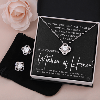 Matron of Honor Proposal Gift | Earring & Necklace Set, Will You Be My MOH? From the Bride, Tie the Knot, Can't Say I Do Without You MT4KE