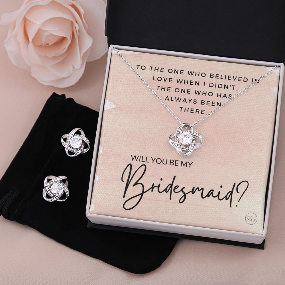 Bridesmaid Proposal Gift | Earring & Necklace Set, Will You Be My Bridesmaid? From the Bride, Tie the Knot, Can't Say I Do Without You B1KE