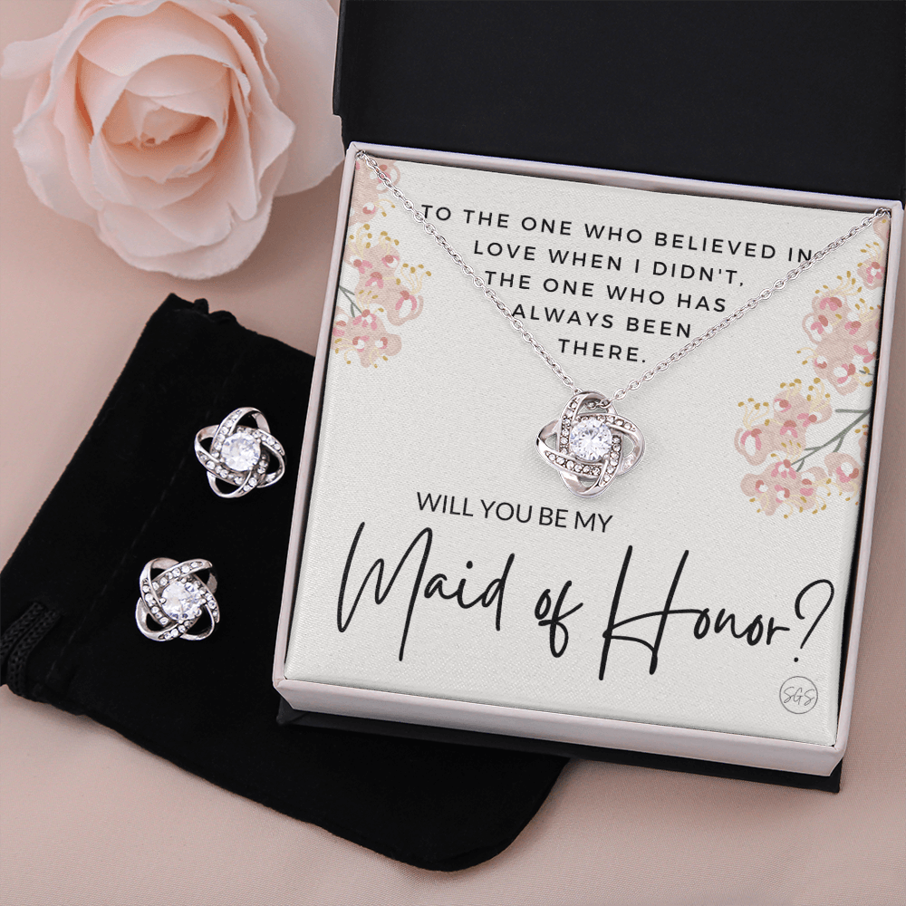 Maid of Honor Proposal Gift | Earring & Necklace Set, Will You Be My MOH? From the Bride, Tie the Knot, Can't Say I Do Without You MA5KE