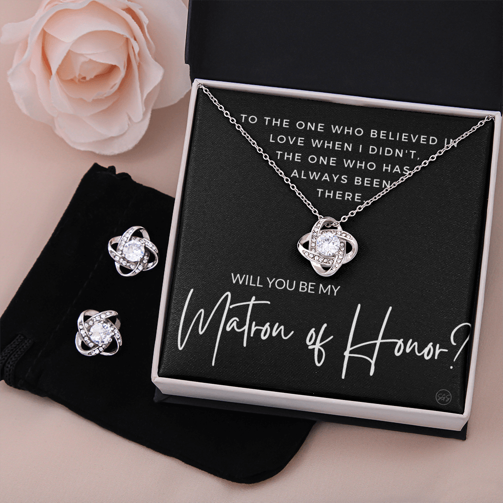 Matron of Honor Proposal Gift | Earring & Necklace Set, Will You Be My MOH? From the Bride, Tie the Knot, Can't Say I Do Without You MT3KE