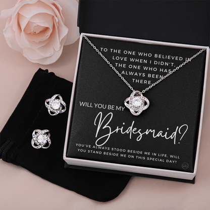 Bridesmaid Proposal Gift | Earring & Necklace Set, Will You Be My Bridesmaid? From the Bride, Tie the Knot, Can't Say I Do Without You B4KE