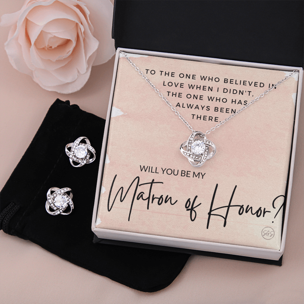 Matron of Honor Proposal Gift | Earring & Necklace Set, Will You Be My MOH? From the Bride, Tie the Knot, Can't Say I Do Without You MT1KE