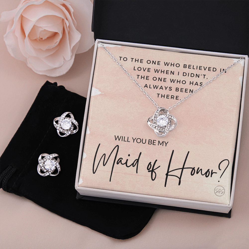 Maid of Honor Proposal Gift | Earring & Necklace Set, Will You Be My MOH? From the Bride, Tie the Knot, Can't Say I Do Without You MA1KE