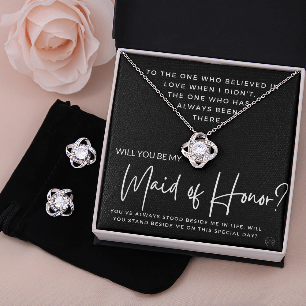Maid of Honor Proposal Gift | Earring & Necklace Set, Will You Be My MOH? From the Bride, Tie the Knot, Can't Say I Do Without You MA4KE