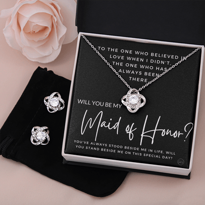Maid of Honor Proposal Gift | Earring & Necklace Set, Will You Be My MOH? From the Bride, Tie the Knot, Can't Say I Do Without You MA4KE