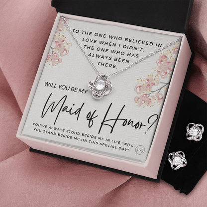 Maid of Honor Proposal Gift | Earring & Necklace Set, Will You Be My MOH? From the Bride, Tie the Knot, Can't Say I Do Without You MA6KE