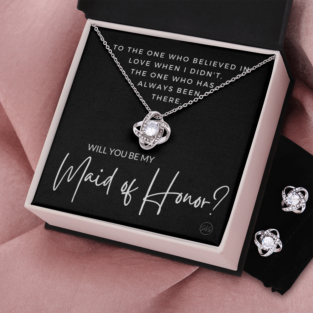 Maid of Honor Proposal Gift | Earring & Necklace Set, Will You Be My MOH? From the Bride, Tie the Knot, Can't Say I Do Without You MA3KE