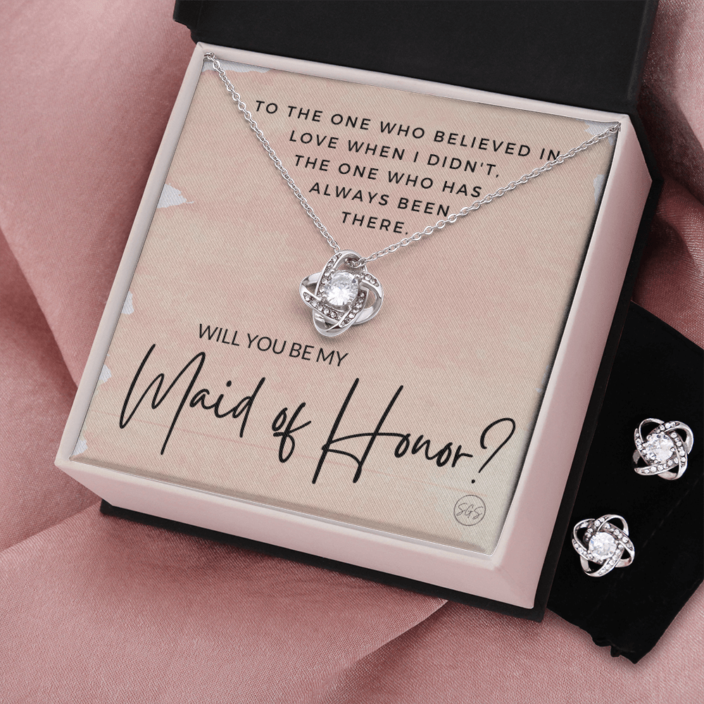 Maid of Honor Proposal Gift | Earring & Necklace Set, Will You Be My MOH? From the Bride, Tie the Knot, Can't Say I Do Without You MA1KE
