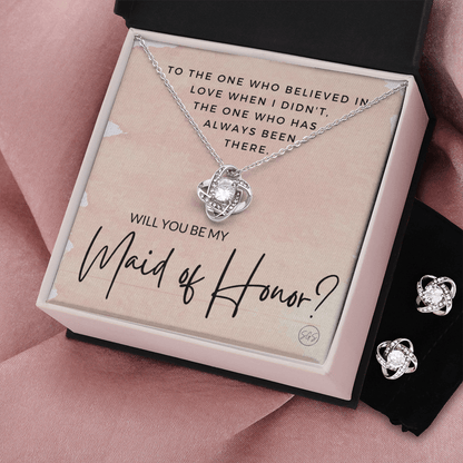 Maid of Honor Proposal Gift | Earring & Necklace Set, Will You Be My MOH? From the Bride, Tie the Knot, Can't Say I Do Without You MA1KE