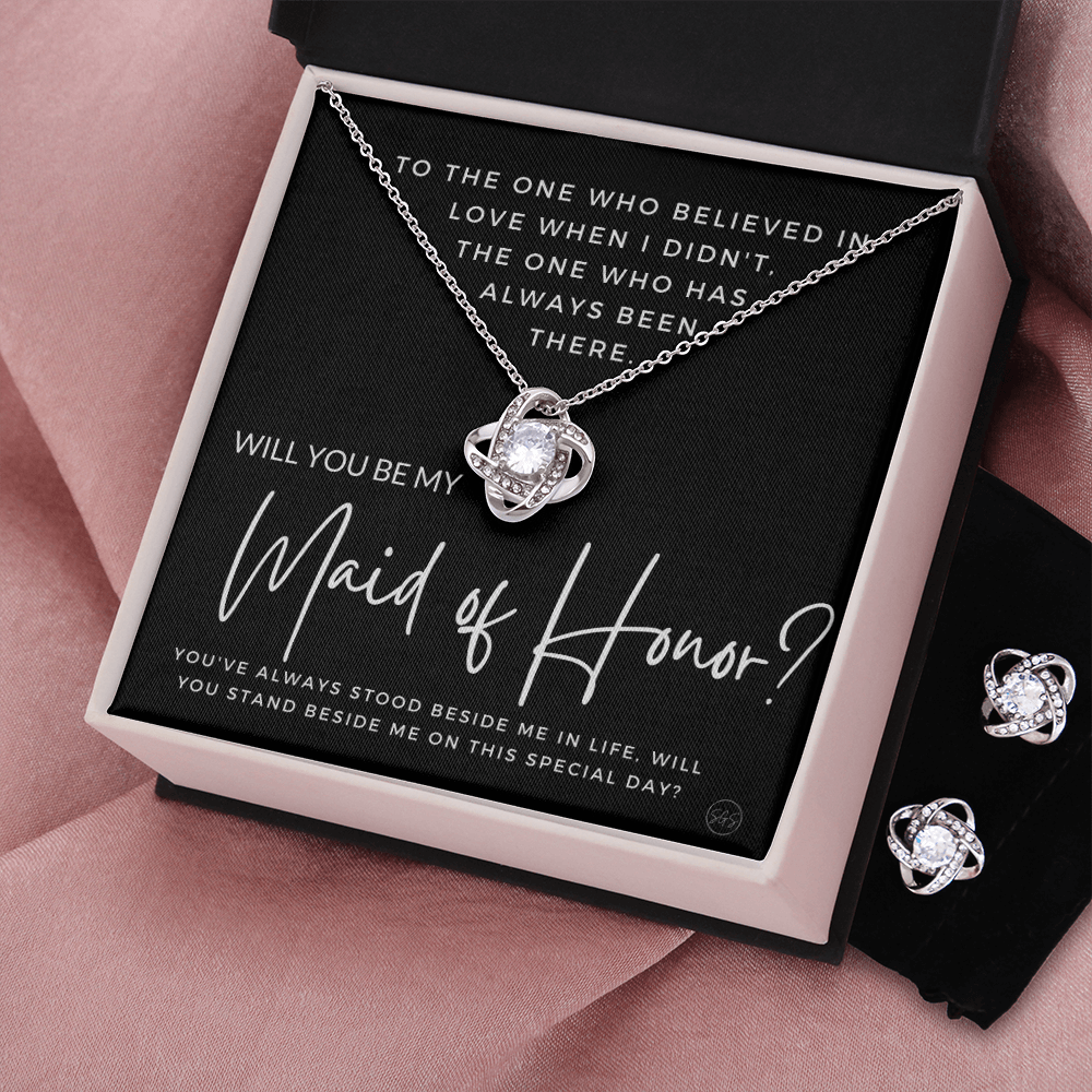 Maid of Honor Proposal Gift | Earring & Necklace Set, Will You Be My MOH? From the Bride, Tie the Knot, Can't Say I Do Without You MA4KE