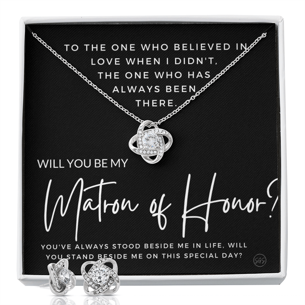 Matron of Honor Proposal Gift | Earring & Necklace Set, Will You Be My MOH? From the Bride, Tie the Knot, Can't Say I Do Without You MT4KE