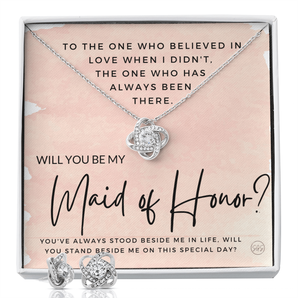 Maid of Honor Proposal Gift | Earring & Necklace Set, Will You Be My MOH? From the Bride, Tie the Knot, Can't Say I Do Without You MA2KE