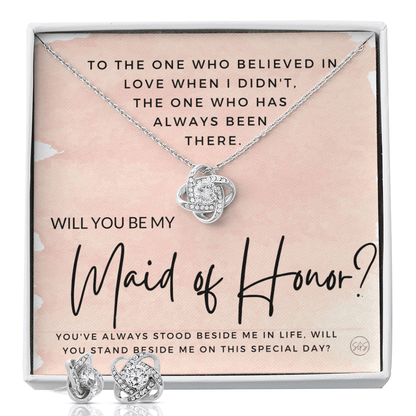 Maid of Honor Proposal Gift | Earring & Necklace Set, Will You Be My MOH? From the Bride, Tie the Knot, Can't Say I Do Without You MA2KE
