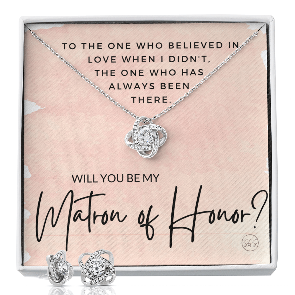 Matron of Honor Proposal Gift | Earring & Necklace Set, Will You Be My MOH? From the Bride, Tie the Knot, Can't Say I Do Without You MT1KE