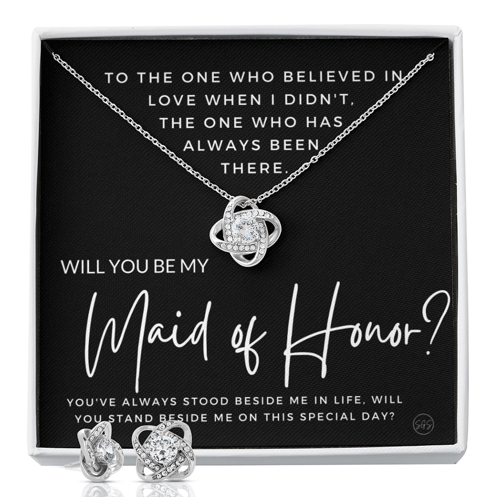 Maid of Honor Proposal Gift | Earring & Necklace Set, Will You Be My MOH? From the Bride, Tie the Knot, Can't Say I Do Without You MA4KE