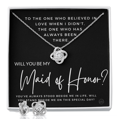 Maid of Honor Proposal Gift | Earring & Necklace Set, Will You Be My MOH? From the Bride, Tie the Knot, Can't Say I Do Without You MA4KE