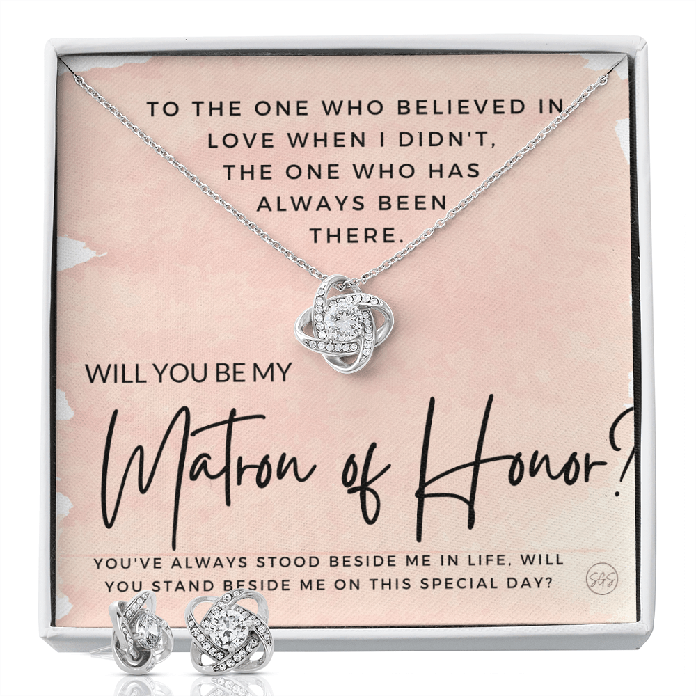 Matron of Honor Proposal Gift | Earring & Necklace Set, Will You Be My MOH? From the Bride, Tie the Knot, Can't Say I Do Without You MT2KE