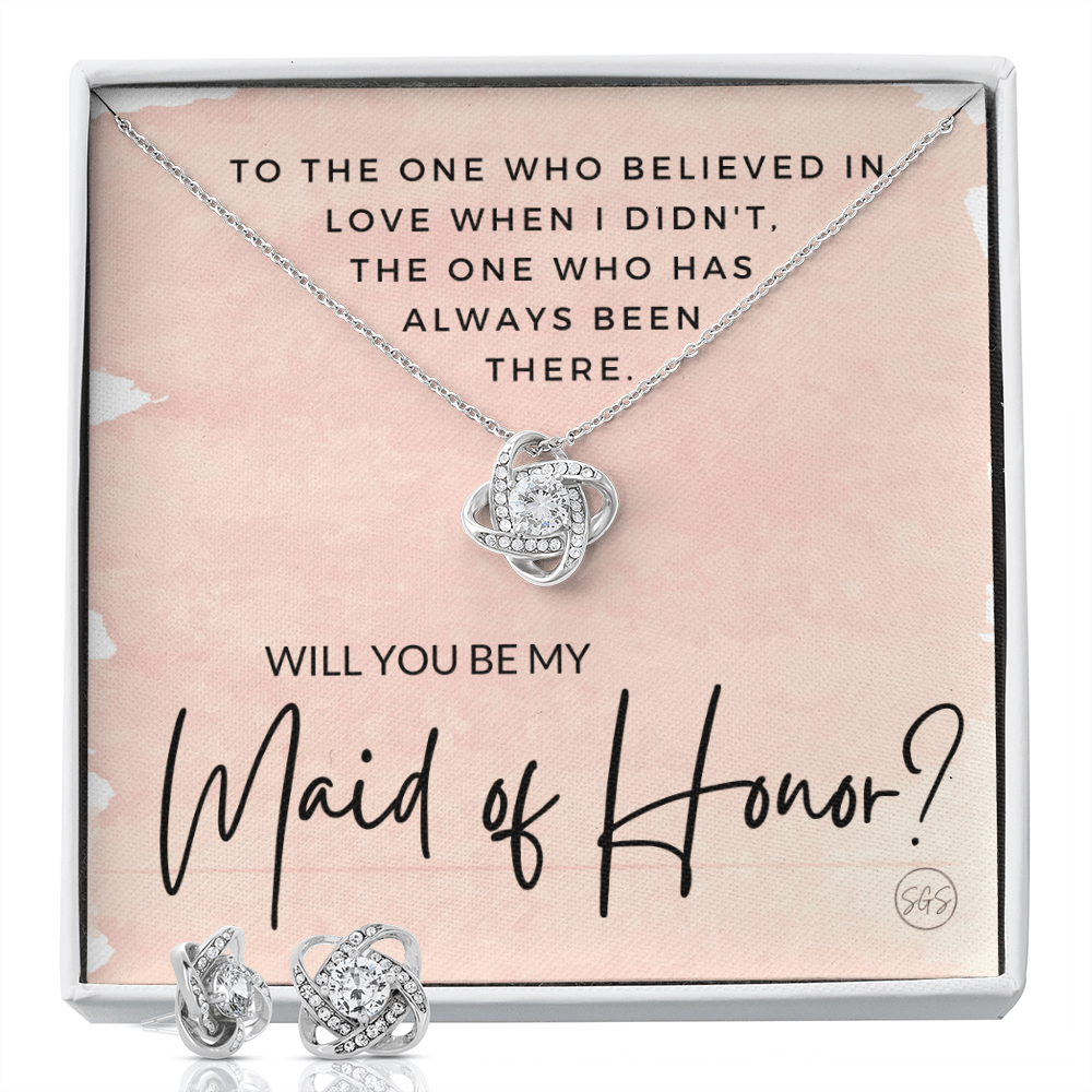 Maid of Honor Proposal Gift | Earring & Necklace Set, Will You Be My MOH? From the Bride, Tie the Knot, Can't Say I Do Without You MA1KE