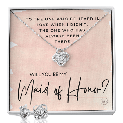 Maid of Honor Proposal Gift | Earring & Necklace Set, Will You Be My MOH? From the Bride, Tie the Knot, Can't Say I Do Without You MA1KE