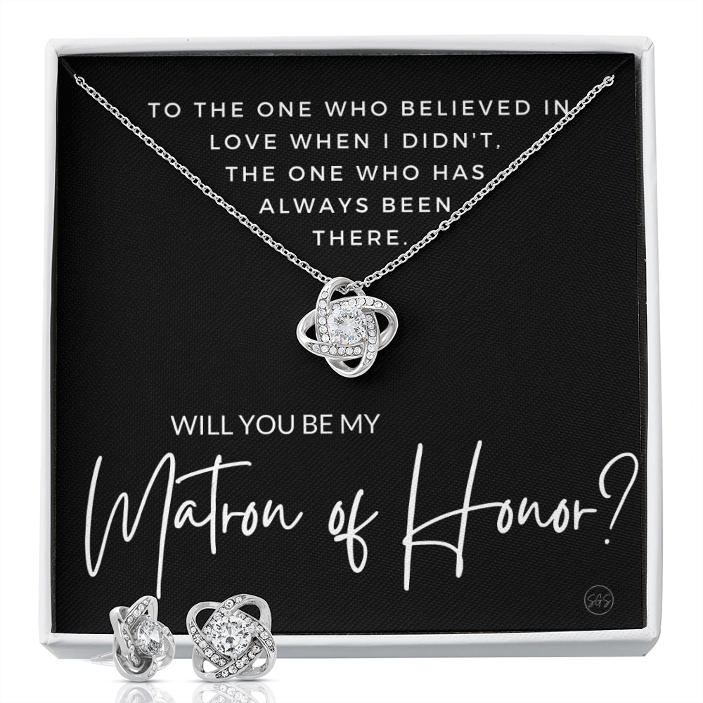 Matron of Honor Proposal Gift | Earring & Necklace Set, Will You Be My MOH? From the Bride, Tie the Knot, Can't Say I Do Without You MT3KE
