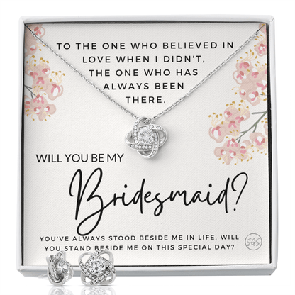 Bridesmaid Proposal Gift | Earring & Necklace Set, Will You Be My Bridesmaid? From the Bride, Tie the Knot, Can't Say I Do Without You B6KE