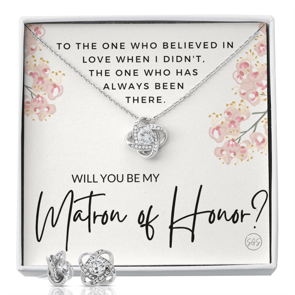 Matron of Honor Proposal Gift | Earring & Necklace Set, Will You Be My MOH? From the Bride, Tie the Knot, Can't Say I Do Without You MT5KE