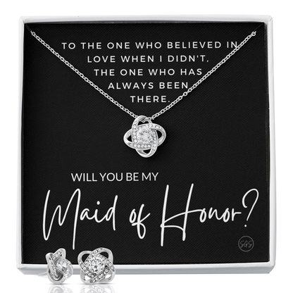Maid of Honor Proposal Gift | Earring & Necklace Set, Will You Be My MOH? From the Bride, Tie the Knot, Can't Say I Do Without You MA3KE