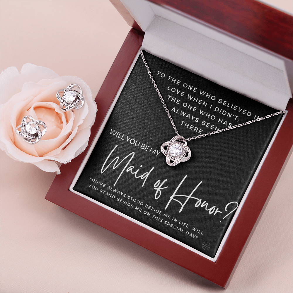 Maid of Honor Proposal Gift | Earring & Necklace Set, Will You Be My MOH? From the Bride, Tie the Knot, Can't Say I Do Without You MA4KE