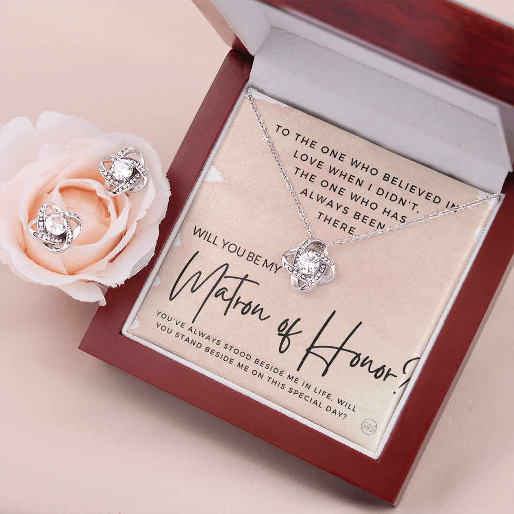 Matron of Honor Proposal Gift | Earring & Necklace Set, Will You Be My MOH? From the Bride, Tie the Knot, Can't Say I Do Without You MT2KE