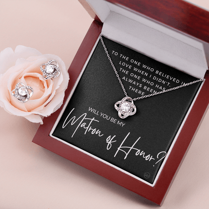 Matron of Honor Proposal Gift | Earring & Necklace Set, Will You Be My MOH? From the Bride, Tie the Knot, Can't Say I Do Without You MT3KE