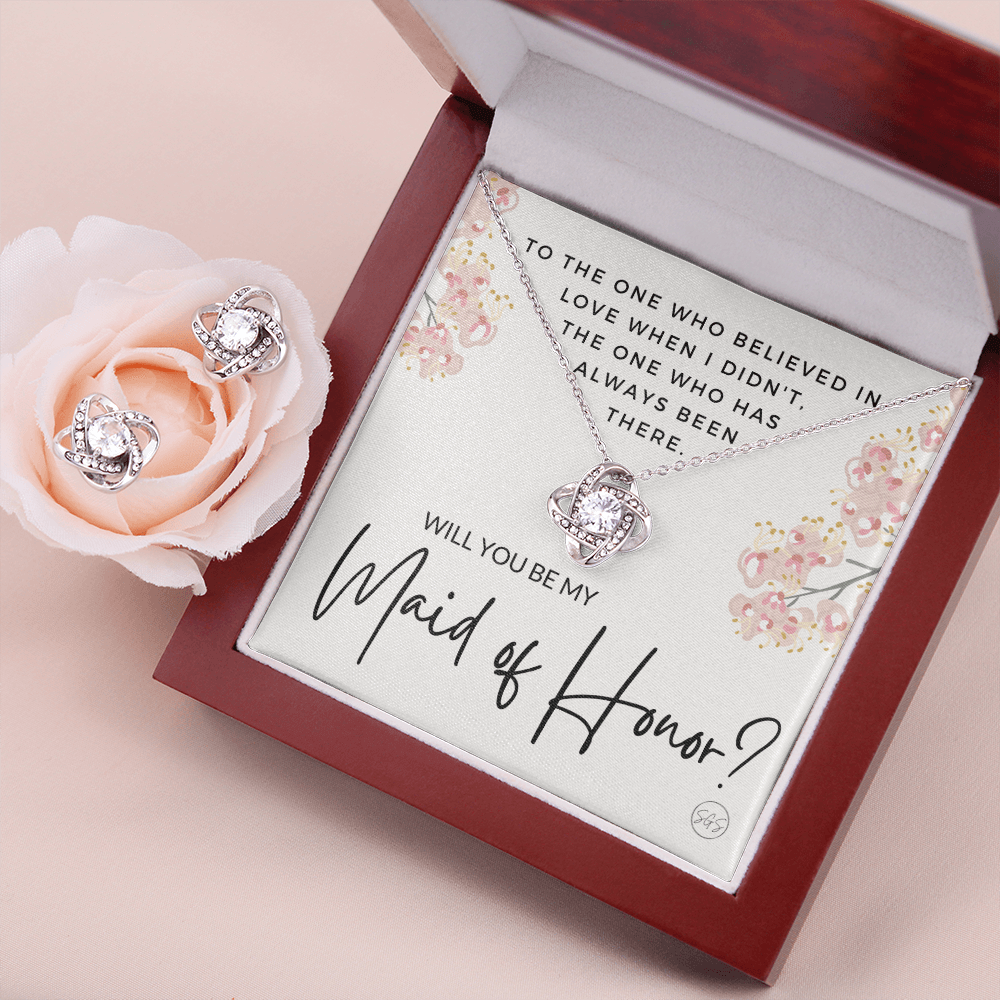 Maid of Honor Proposal Gift | Earring & Necklace Set, Will You Be My MOH? From the Bride, Tie the Knot, Can't Say I Do Without You MA5KE
