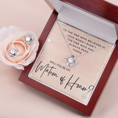 Matron of Honor Proposal Gift | Earring & Necklace Set, Will You Be My MOH? From the Bride, Tie the Knot, Can't Say I Do Without You MT1KE