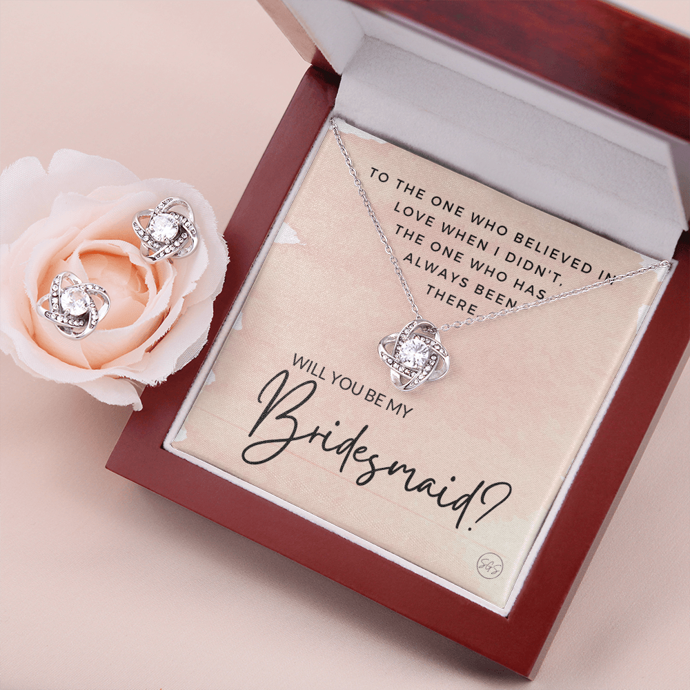 Bridesmaid Proposal Gift | Earring & Necklace Set, Will You Be My Bridesmaid? From the Bride, Tie the Knot, Can't Say I Do Without You B1KE