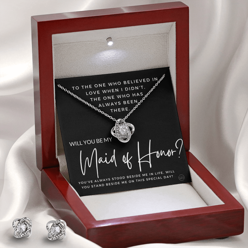 Maid of Honor Proposal Gift | Earring & Necklace Set, Will You Be My MOH? From the Bride, Tie the Knot, Can't Say I Do Without You MA4KE