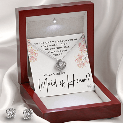 Maid of Honor Proposal Gift | Earring & Necklace Set, Will You Be My MOH? From the Bride, Tie the Knot, Can't Say I Do Without You MA5KE
